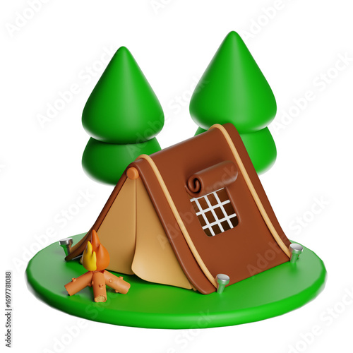 Cartoon tent camping in forest with bonfire on transparent background