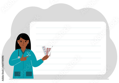 Female pharmacist with medicines and thermometer in hand. In the background there is a large white sheet for text. Vector flat illustration