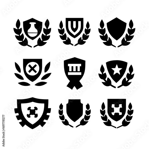 Vintage educational coat of arms set with university college and academy elements isolated vector illustration. Laurel wreaths, shields, ribbons illustration for awards,badges, and branding designs	