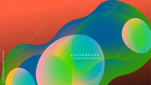 Abstract fluid shapes blend, creating vibrant color gradients. Background transitions from red to green, with overlapping translucent forms.