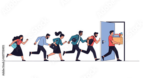 People running out of an office door carrying boxes and bags