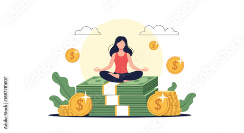 A woman meditating peacefully on a stack of money symbolizing financial zen and calmness