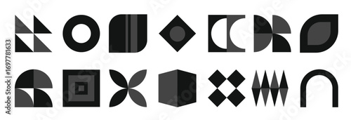 Abstract black shapes, retro decorative sticker set and banner, different decorative geometric forms, patterns and symbols. Vector illustration.