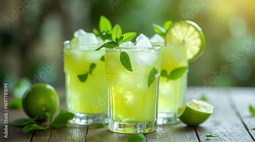 Refreshing Lime and Mint Drinks with Ice on a Rustic Table