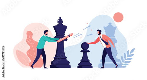 Businessmen playing strategy game with chess pieces for corporate decision making and planning
