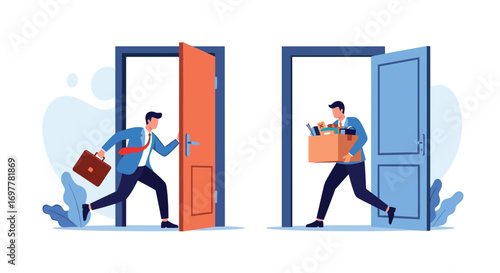 Business professionals departing and arriving through open doors symbolizing career changes and new opportunities