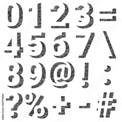 The set of hand drawn scribble shadow silhouettes with numbers and symbols on white background
