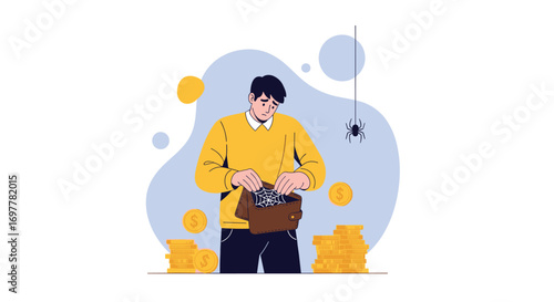 Man looking into his empty wallet with coins and a bug symbolizing financial problems