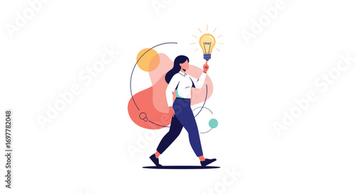 Person walking holding a bright idea light bulb symbolizing innovation and creativity