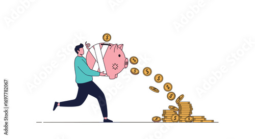 Man running with piggy bank spilling coins onto stack of money illustration