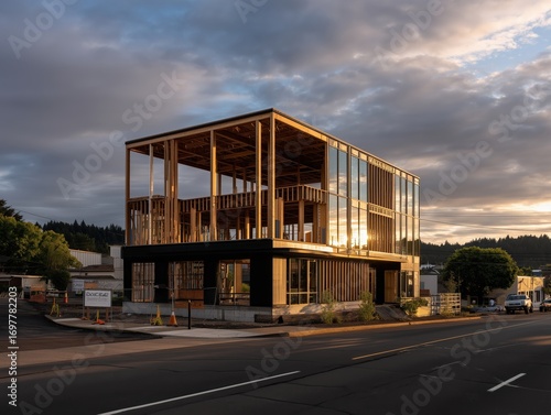Architectural photography of partially completed wooden building showing innovative modern design and sustainable construction techniques.