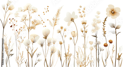 Delicate wildflowers in soft pastel tones with a gentle breeze on a white background