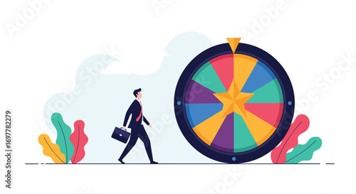 A businessman walks towards a spinning prize wheel full of opportunities and chances to win