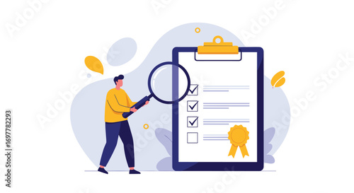 Thoroughly inspecting a detailed checklist document with magnifying glass examining certification seal award approval process