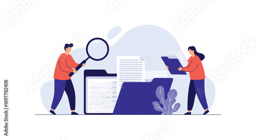 People analyze documents in folders with magnifying glass and search for information in data analytics concept