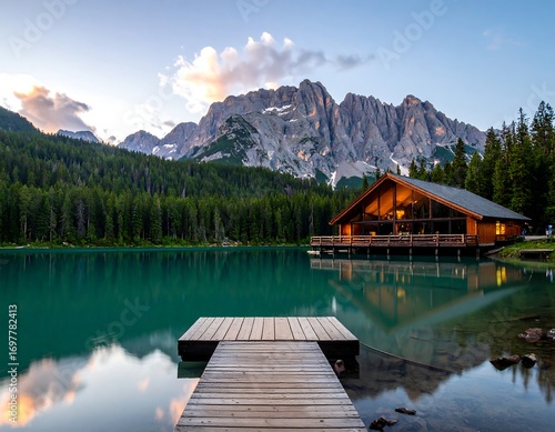 Lakeside cabin at sunset