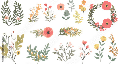 Collection of delicate watercolor floral elements and botanical illustrations for design projects