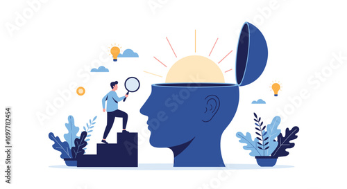 A man ascends stairs towards an open mind illuminating ideas for personal growth and knowledge discovery