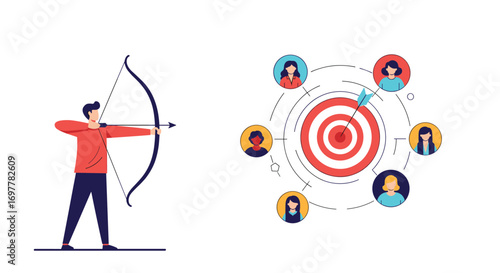 Archer aiming precisely at a target surrounded by diverse people illustrating strategic audience engagement