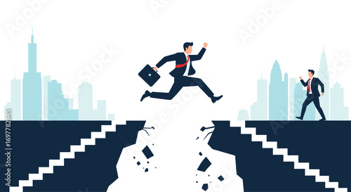 Business professionals leaping across a chasm symbolizing overcoming challenges and achieving success in urban professional environments