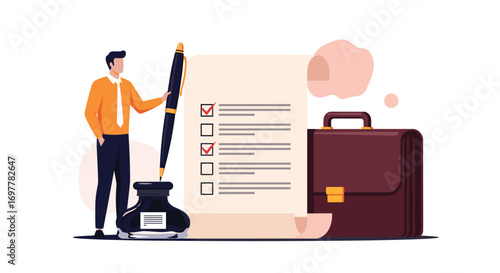 Business person carefully reviews important contract document signing agreement checklist tasks completion