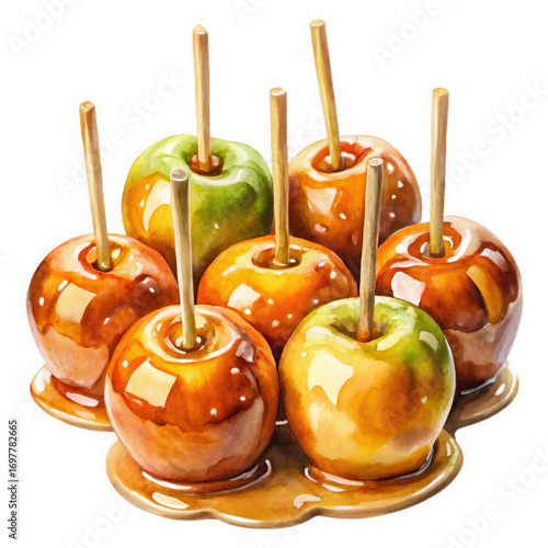 Photo of a collection of seven shiny candy apples on sticks, arranged on a platter with caramel drizzle, showcasing a variety of colors and textures, isolated on transparent background