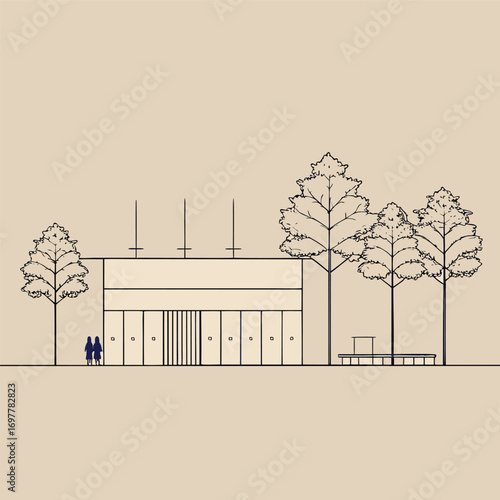Architectural Drawings, Minimal style cad tree line drawing, Side view, set of section wetland forest outline for landscape design drawing. Vector illustration in seperate element