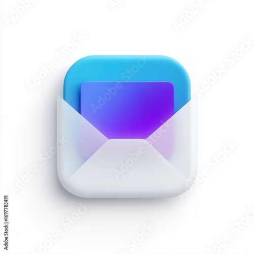Futuristic 3D gradient glass style envelope illustration with colorful light effects, symbol of email, mail service, and communication apps