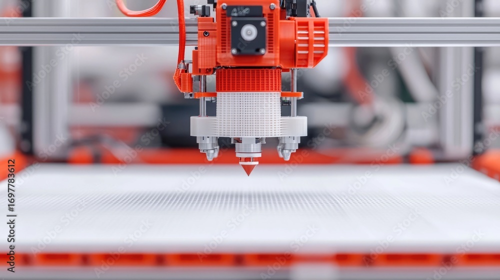 Fototapeta premium Innovative 3D printer used in a modern manufacturing production line with futuristic technology and computerized machinery for product fabrication and assembly