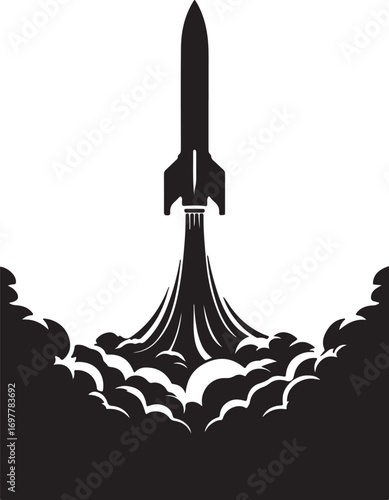 Black rocket launching with stylized smoke and clouds against white background space spaceship