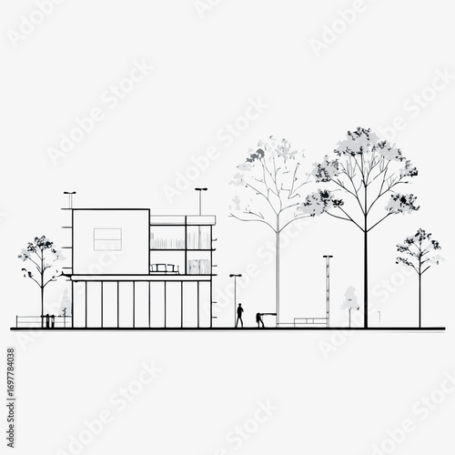 Architectural Drawings, Minimal style cad tree line drawing, Side view, set of section wetland forest outline for landscape design drawing. Vector illustration in seperate element