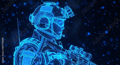 Modern Soldier Wireframe Blueprint with Tactical Gear and Rifle