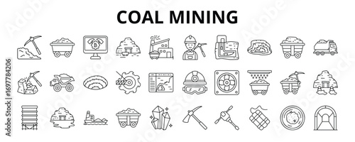 30 Coal Mining Line Icons Vector - Coal Extraction, Coal Resource, Mineral, Tunnel, Surface Mining, Jackhammer, Coal Transportation
