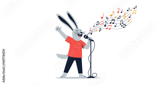 An energetic anthropomorphic rabbit wearing a red t-shirt and dark pants joyfully sings into a microphone on a stage creating a symphony of musical notes