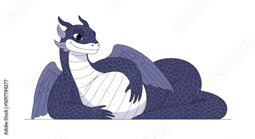 A chubby dark blue dragon reclining contentedly on a white background