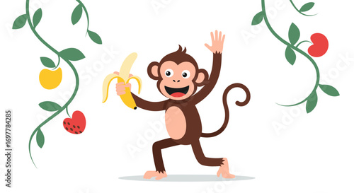 Cheerful monkey joyfully holds a ripe banana among lush green vines and juicy fruits enjoying a sunny day