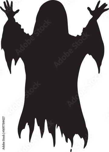 Black silhouette of a ghost with outstretched arms and tattered edges white spooky