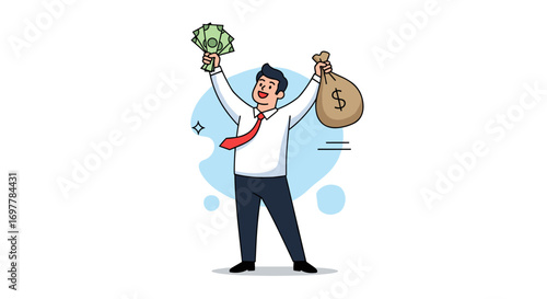 Excited businessman holding money stack and money bag celebrating financial success and prosperity