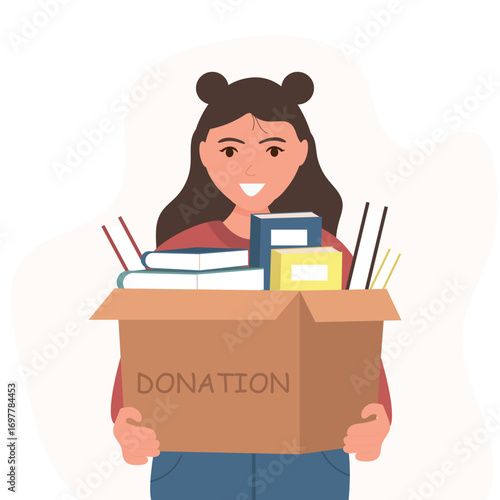 Books donation and bookcrossing concept. Woman holding book box. Time for knowledge charity. Donation box full of books. vector illustration