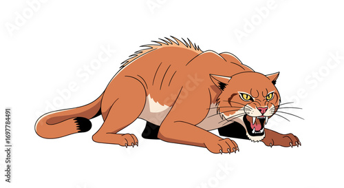 Aggressive feline predator ready to pounce with intense gaze and bared teeth