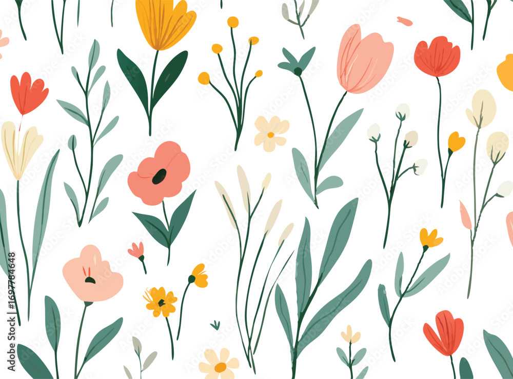 Obraz premium Whimsical hand drawn floral pattern with delicate blossoms and greenery on white background
