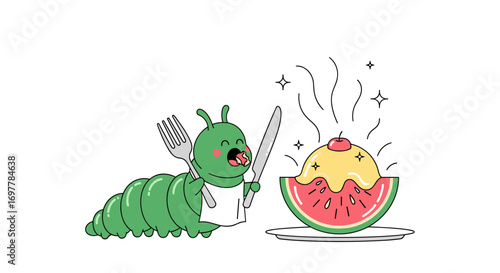 A hungry green caterpillar eagerly prepares to enjoy a delicious watermelon dessert with toppings