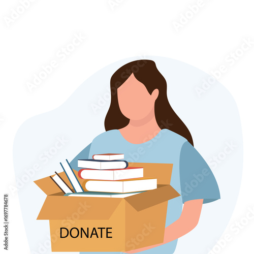 Books donation and bookcrossing concept. Woman holding book box. Time for knowledge charity. Donation box full of books. vector illustration