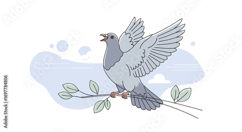 A majestic dove perched on a branch spreading its wings with an open beak in a soft blue and white artistic landscape