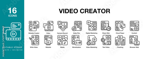 Video Creator icon set. Includes vlog, studio, creative, influencer, and More. Editable Stroke Icon Collection.