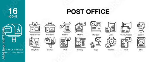 Post Office icon set. Includes house, delivery, collection, museum, and More. Editable Stroke Icon Collection.