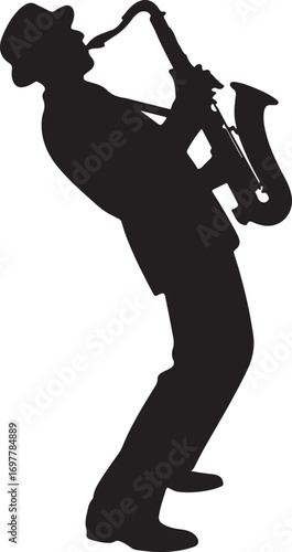 Black silhouette of a man wearing a hat playing a saxophone musician jazz