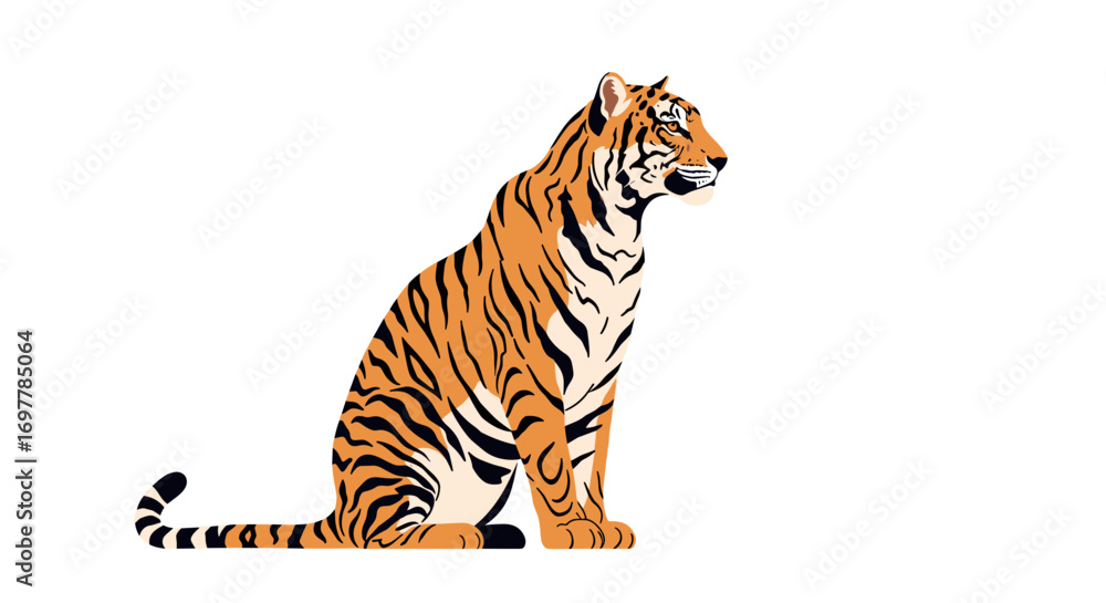Obraz premium Majestic tiger sitting proudly on a white background representing strength and wild nature