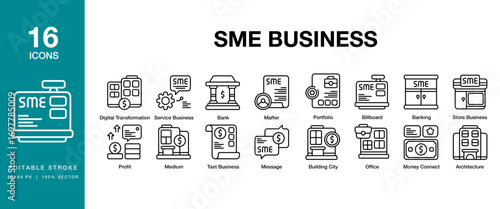 SME Business icon set. Includes small, shop, startup, service, retail, and More. Editable Stroke Icon Collection.