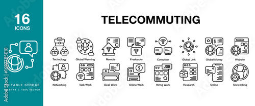 Telecommuting icon set. Includes freelance, work, communication, notebook, and More. Editable Stroke Icon Collection.